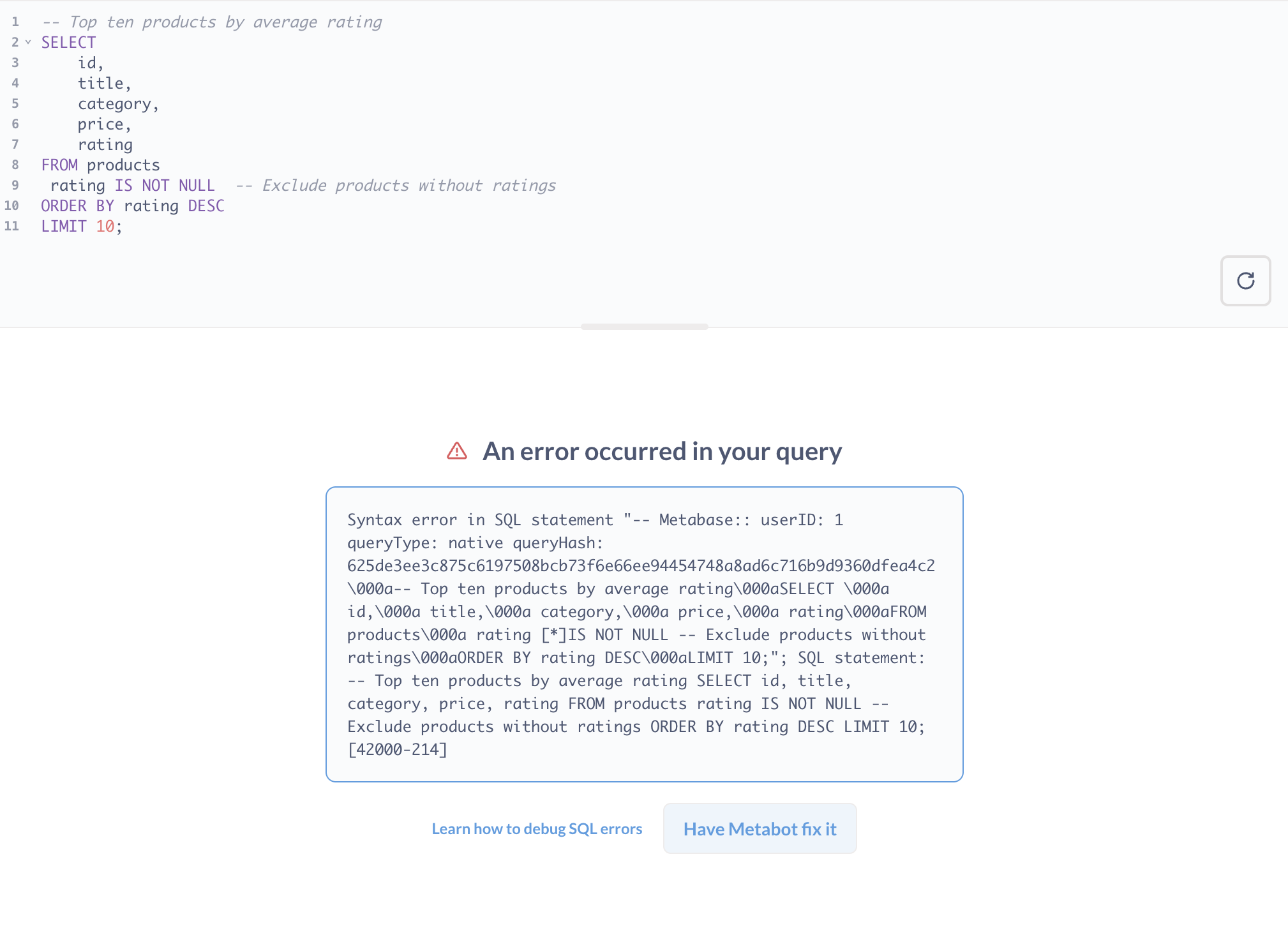 Metabot can try and fix SQL query errors
